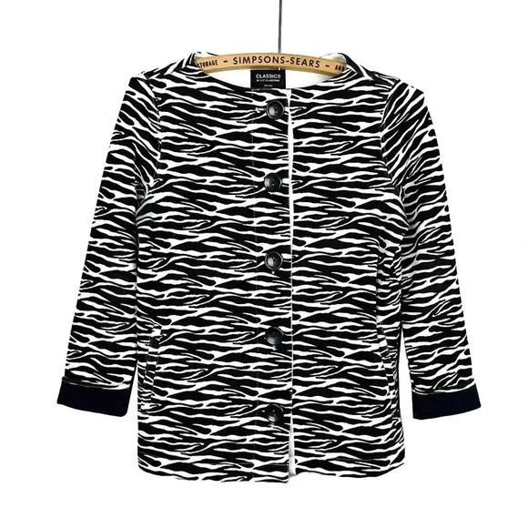 Liz Claiborne Womens Small Petite  Zebra Print Button Up Sweater Black White - Picture 1 of 6